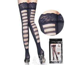 Custom design black stockings print striped with lace silk thigh high socks women